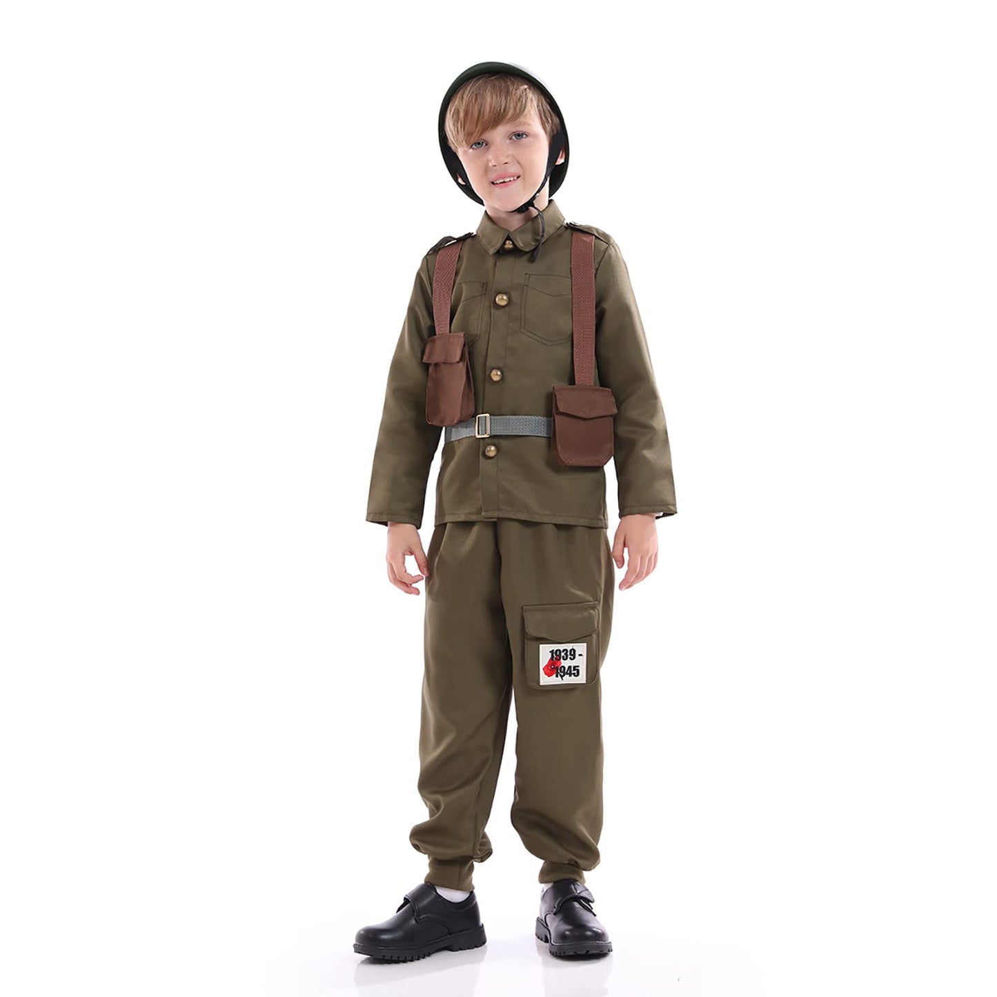 Army Soldier Costume for Kids,Unisex WWII Soldier Dress up with Helmet,Halloween Cosplay Outfit,khaki (M(for height 40"-45"))
