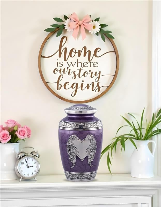 Angel Wings Urn - Loving Angel Wings Cremation Urn for Ashes - Handcrafted Angel Wings & Heart Adult Urn - Large Wings of Love Memorial Urn with Velvet Bag (Purple)