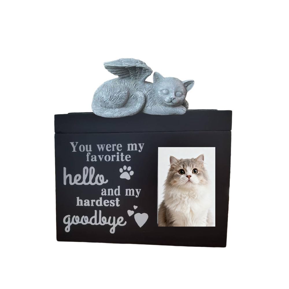 Keepsake Box - Wooden Cat Urn Ashes Memorial Box, Paw Print Urn with Photo Frame and Key, Companion Animal Pet Urns Black Memory Box for Cats Dogs Cremation