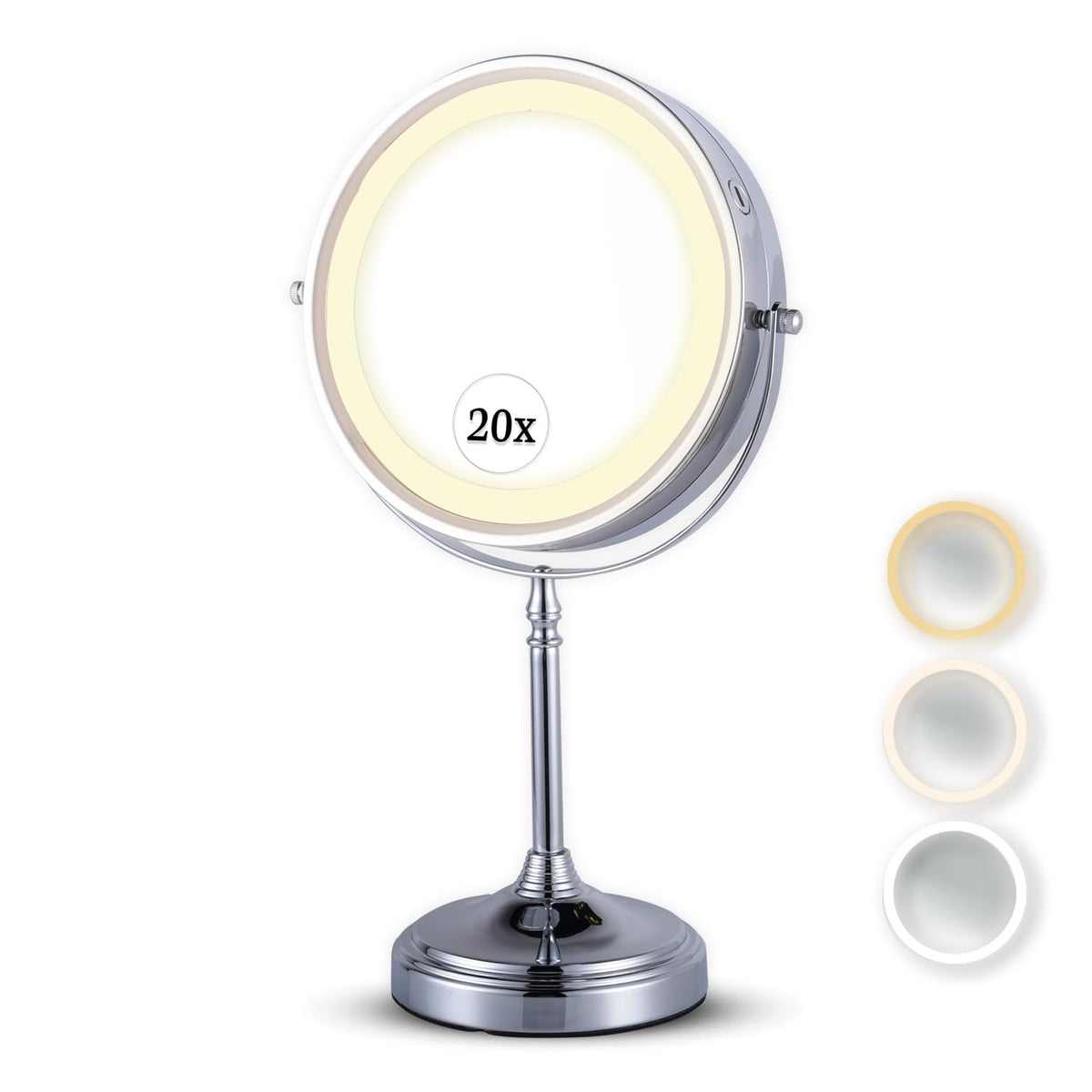 Ultra Zoom 20X Magnifying Illuminated Makeup Mirror - 20X & 1X Dual Sided Glow with 3 Luminous Modes, Charging Cord Included - 38cm Tall x 20cm Wide (Chrome)