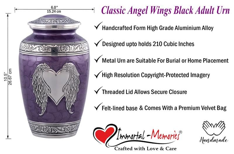 Angel Wings Urn - Loving Angel Wings Cremation Urn for Ashes - Handcrafted Angel Wings & Heart Adult Urn - Large Wings of Love Memorial Urn with Velvet Bag (Purple)