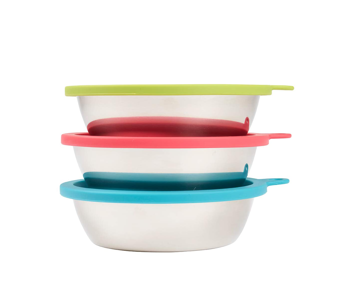 Messy Mutts 6-Piece Set | Three Stainless Steel Bowls and Three Colorful Silicone Lids | Sealable Travel Containers | Portable Food/Water Dishes for Pets | Extra Large, 6 Cups