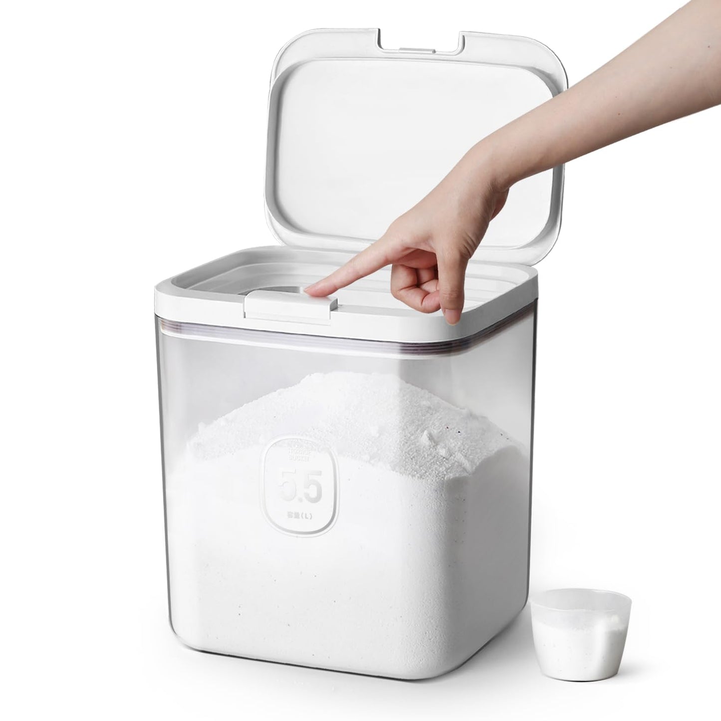 LivLab Mker Laundry detergent dispenser with One-Press Lid,for laundry room organization,Clear PET laundry powder container with Measuring Cup,laundry pods container (5.5L-clear)