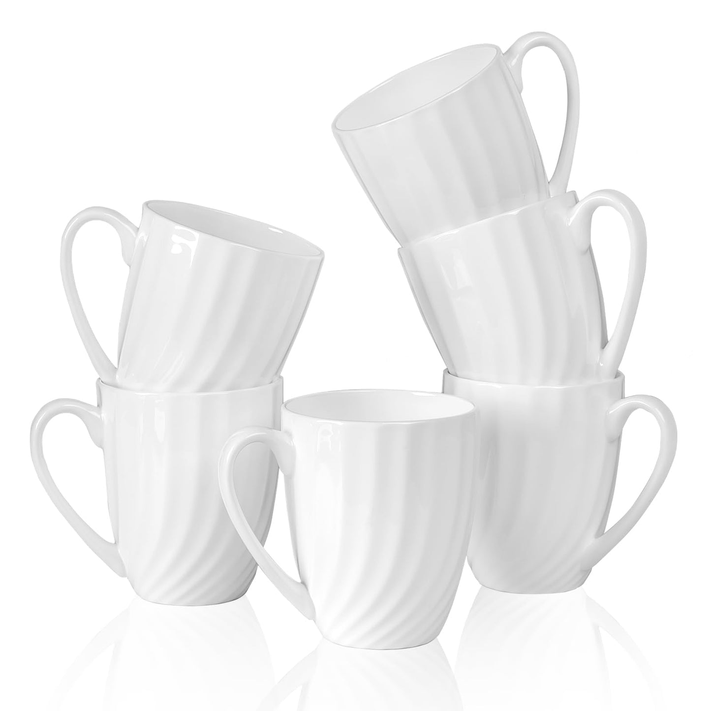 COSTMANCE Fine Bone China White Coffee Mugs Set of 6 (12 oz), Ceramic Spiral Pattern Tea Cups, Thin China Coffee Cups, Lightweight Coffee Mugs for Hot Chocolate, Latte, Cappuccino
