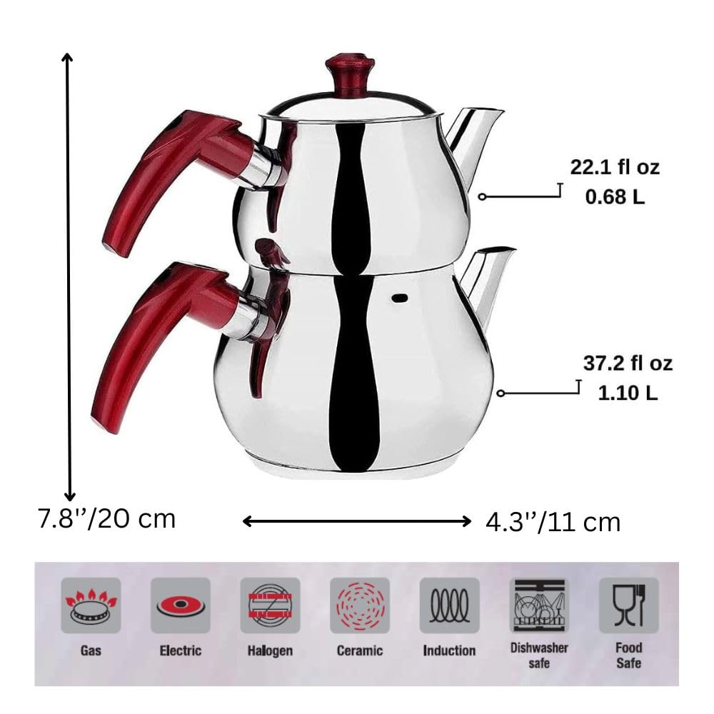 Turkish Teapot Set Stainless Steel Tea Maker for Stovetop | Double Tea Pot with Strainer | Samovar Style Tea Kettle Water Heater (Mini with Red Handles)