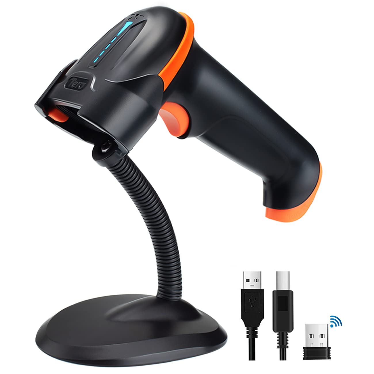 Tera 1D 2D QR Wireless Barcode Scanner with Stand Versatile 2-in-1 2.4G Wireless & USB 2.0 Wired with Battery Level Indicator Cordless CMOS Image Barcode Reader for Supermarket Mobile Payment D5100-Z