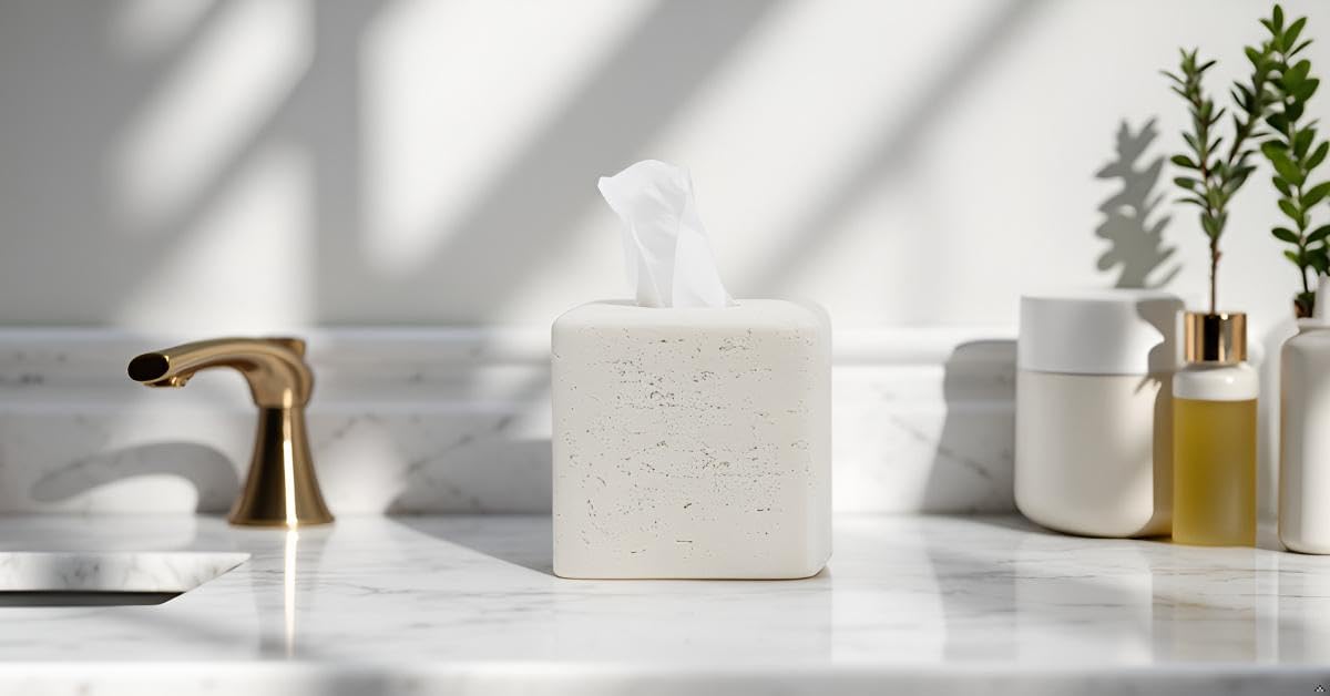 Huitony Travertine Square Tissue Box Cover Decorative Klenex Box Holder for Bathroom & Living Room with Handcrafted Texture (White Stone)