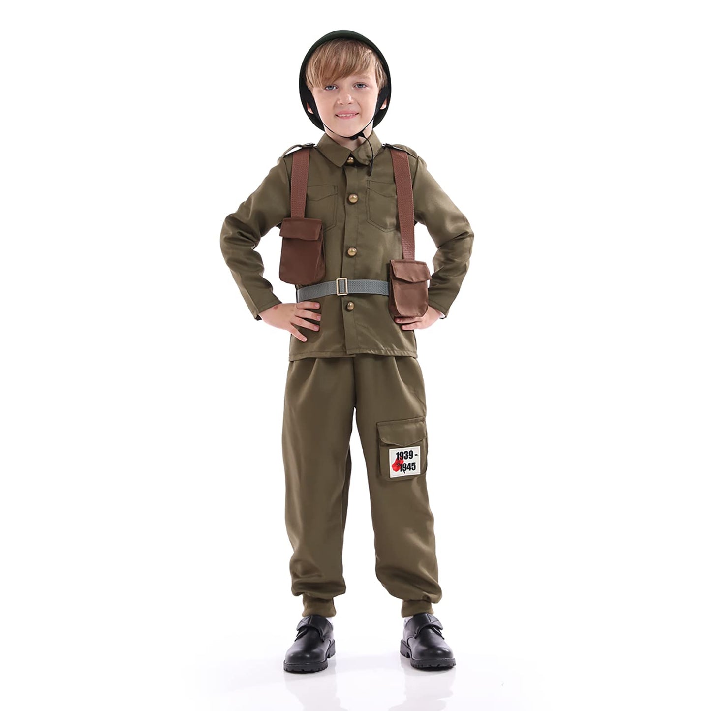 Army Soldier Costume for Kids,Unisex WWII Soldier Dress up with Helmet,Halloween Cosplay Outfit,khaki (M(for height 40"-45"))