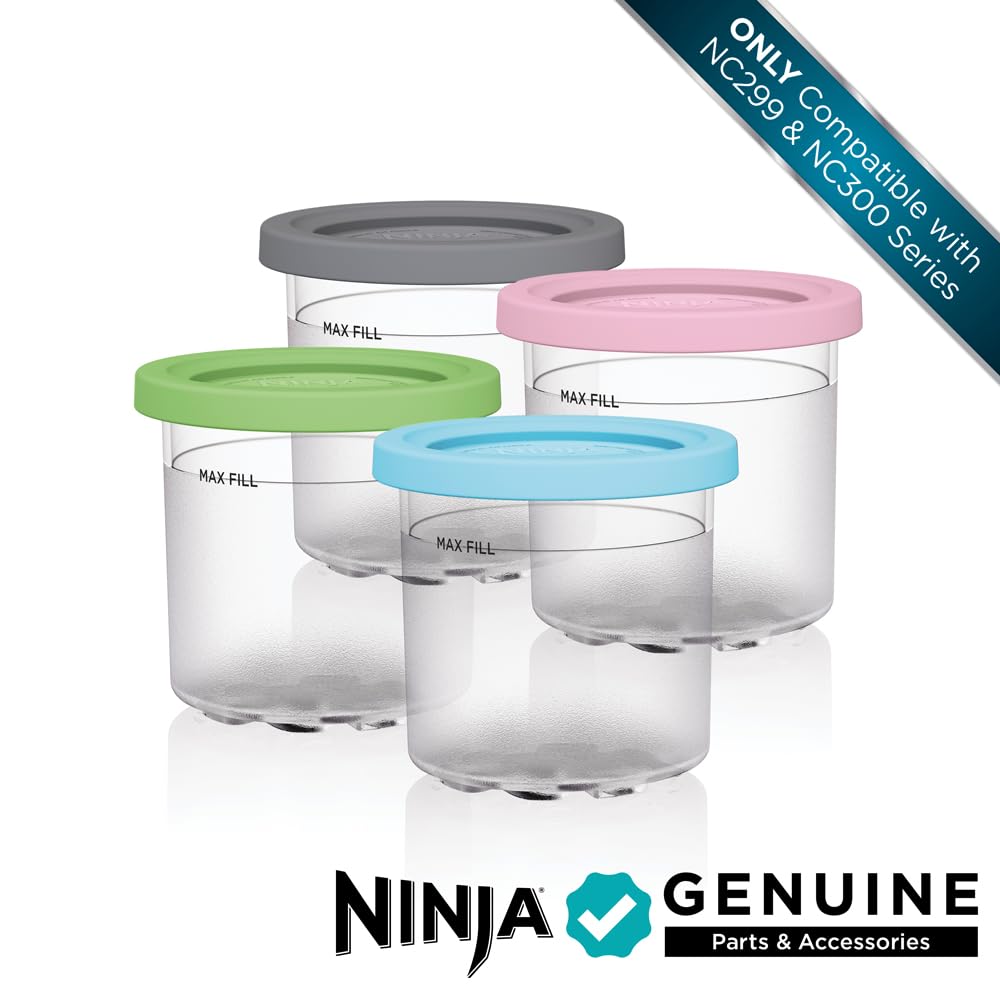 Ninja XSKPLD4BCD 4 Pack, Compatible with NC299AMZ & NC300s Series Creami Ice Cream Makers, BPA-Free & Dishwasher Safe, Color Lids, 1 Pint Each, Clear/Grey/Lime/Pink/Acqua