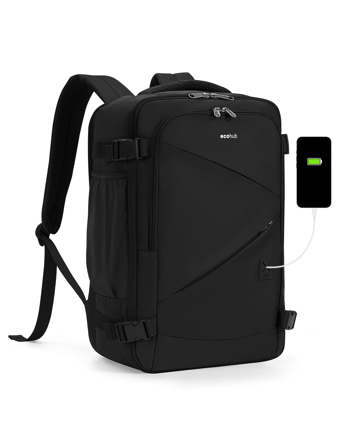ECOHUB 17" Small Unisex Travel Backpack United Airline Approved 17x10x9 Friendly Suitcase Anti-Theft Lockable Zippers Style Personal Item Bag Travel Essentials with 12 Pockets Water Resistant, Black