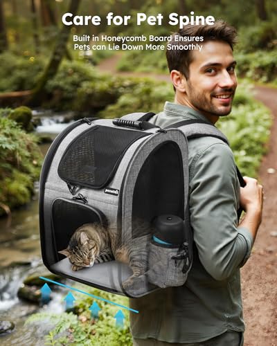 Pecute Cat Backpack with Breathable Mesh, Dog Backpack Carrier with Multi-Pockets for Cats Puppies, Pet Backpack Carrier for Travel Hiking Camping Outdoor （Gray）