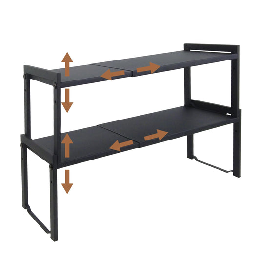 2 Pack Expandable Cabinet Shelf13.8-26"(L), Stackable Kitchen Counter Shelf Organizer, Kitchen Spice Rack Pantry Shelf, Djustable Cupboard Organizer Storage Rack for Kitchen Office (Black,2 pack L)