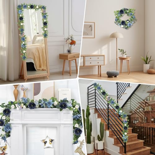 HOMENERGY Eucalyptus Garland with Flowers - 6 Pack 5.9 FT Fake Flower Garland with Butterflies Faux Rose Greenery Garlands for Wedding Table Backdrop Arch Centerpieces Decorations - Navy Blue