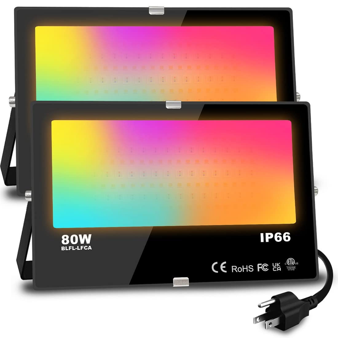 LED Flood Light Outdoor 800W Equivalent 8000LM, Smart RGB Floodlight with APP Control, Color Changing - Warm White 2700K -Timing - Scene, IP66 Waterproof, US Plug, Yangcsl（Pack of 2