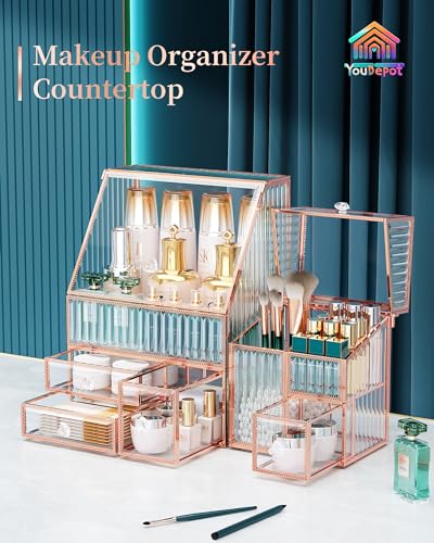 Youdepot Tempered Glass Makeup Organizer Countertop - Multi-Functional 3-in-1 Cosmetic Organizer for Skincare, Lipstick, Brushes - Vanity Organizer & Bathroom Organizer and Skincare Organizer.