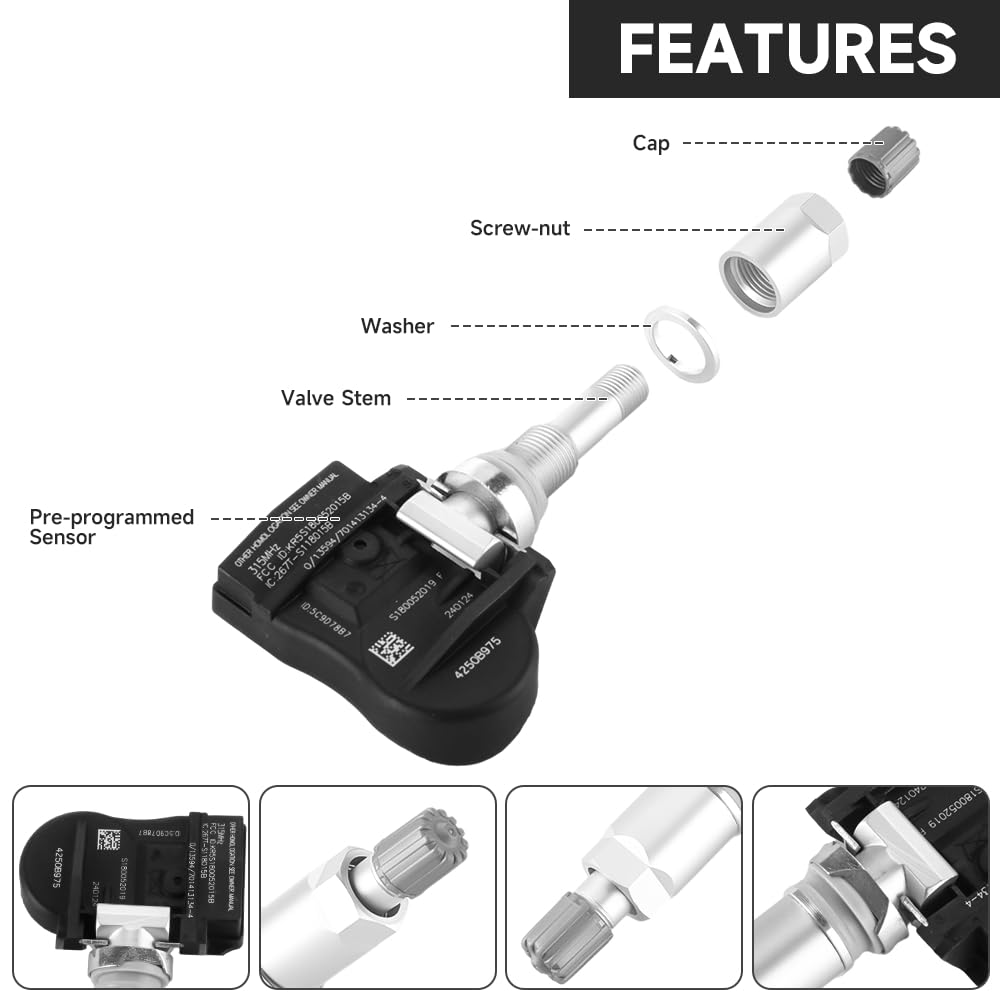 YOLLKY 315MHz TPMS Sensor, Tire Pressure Monitoring System Sensor - Compatible for Mitsubishi Outlander, Lancer, i-MiEV, Outlander Sport - Replace Part 4250B975 Set of 4, 231001gu0028