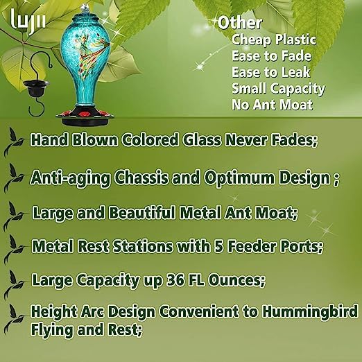 LUJII Hand Blown Glass Hummingbird Feeder for Outdoors Hanging, Leakproof, Never Fade, 36 fl.oz, 5 Feeding Metal Stations, Much Bigger, Garden Backyard Decoration, Great Gift for Bird Lover, Blue