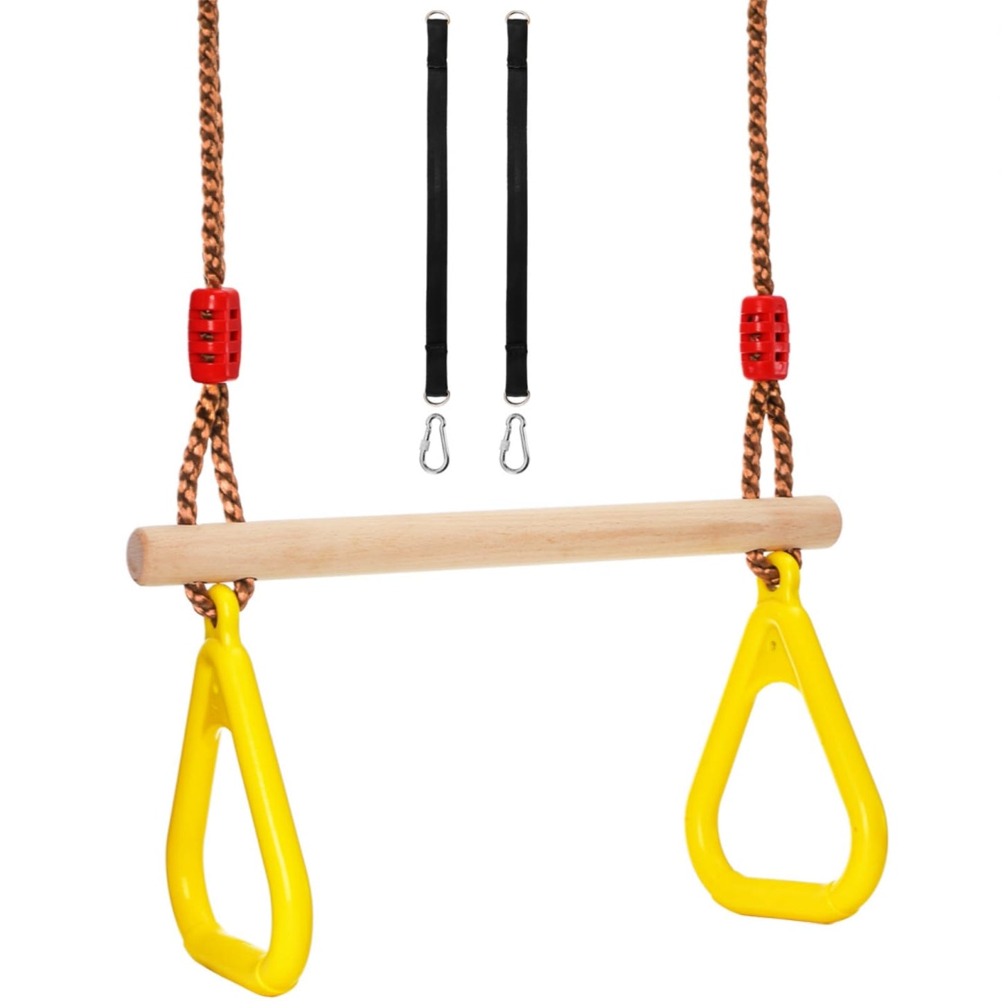 Covzoe Trapeze Bar, 16" Adjustable Height Wooden Swing Set, Trapeze Monkey Bar Assembly with Rings, Gym Hanging Accessories Playground Attachments