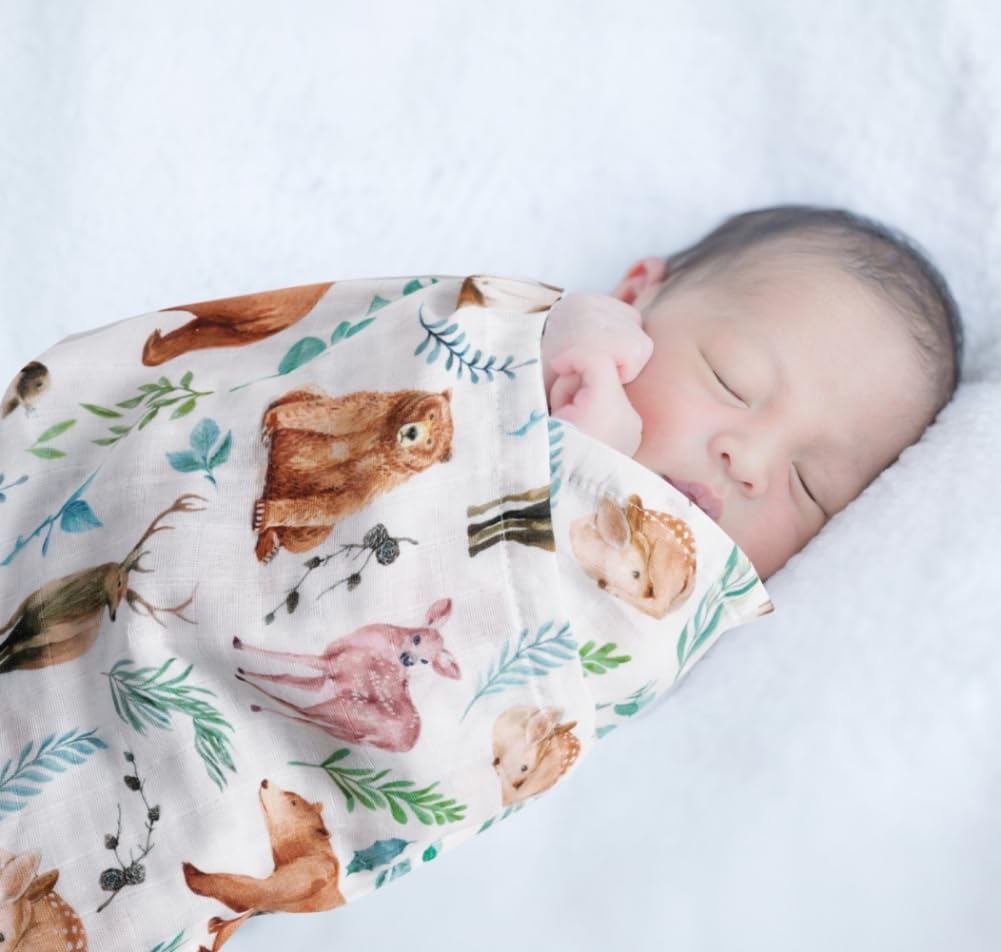 3 Pack Baby Muslin Swaddle Blankets Gender Neutral Large Swaddles for Newborn Baby Boys or Girls Light Receiving Blankets Newborn Infant Essentials for Mom (Woodland)