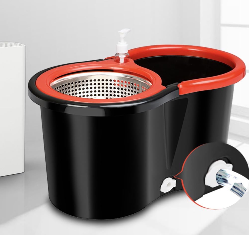 SHOPONTO Spin Mop and Bucket System with Stainless Steel Wringer, Microfiber Mop, Black/Red, 45x26x23 cm Bucket, Telescopic Handle 90-120 cm, 2 Mop Heads, 360 Spin Mop Floor Cleaning Set
