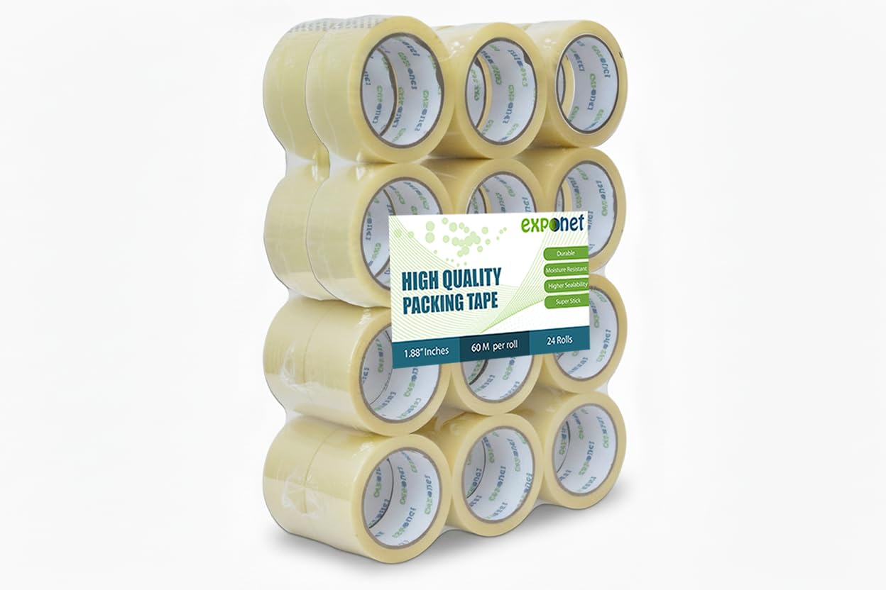 Exponet Clear Packing Tape 24 Rolls, (1.88 Inch x 60M) 65.61 Yards, Heavy Duty Strong Adhesive Shipping Tape for Packing, Moving, Packaging and Office Use, Proudly Canadian