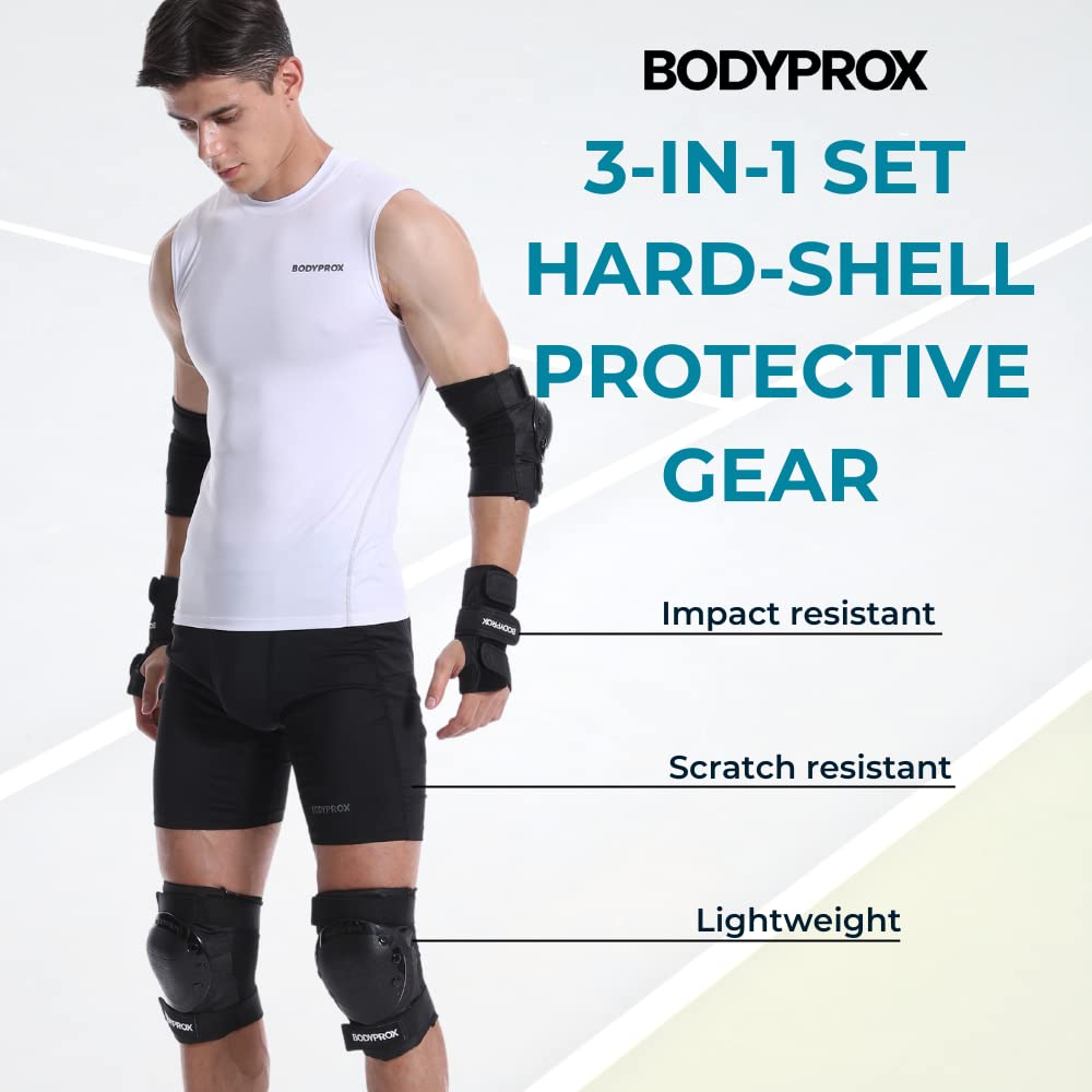 BODYPROX Knee Pads Elbow Pads Wrist Guards Set for Skateboarding, Roller Derby, BMX Ride, and Inline Skating. (Medium)