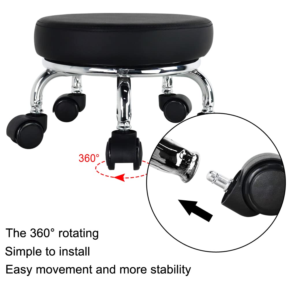 WKWKER Rolling Seat PU Leather Low Round Rolling Stool Small Stool with Universal Swivel Wheels for Home Office Garage Shop Fitness Sports, Height: 21.8 cm (Black)
