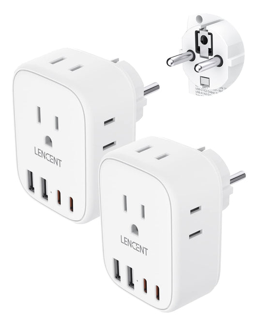 2 Pack Type E/F Travel Adapter,LENCENT Schuko Germany France European Plug Adapter with 4 USB Ports(2 Type C),4 Outlet Converter, Travel Essentials CA/US to EU Spain Norway Iceland Korea Portugal