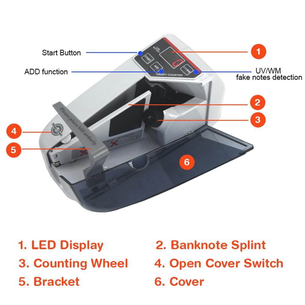 Portable Handy Bill Counter Cash Banknote Counter Money Currency Counting Machine AC or Battery Powered with UV Lamp