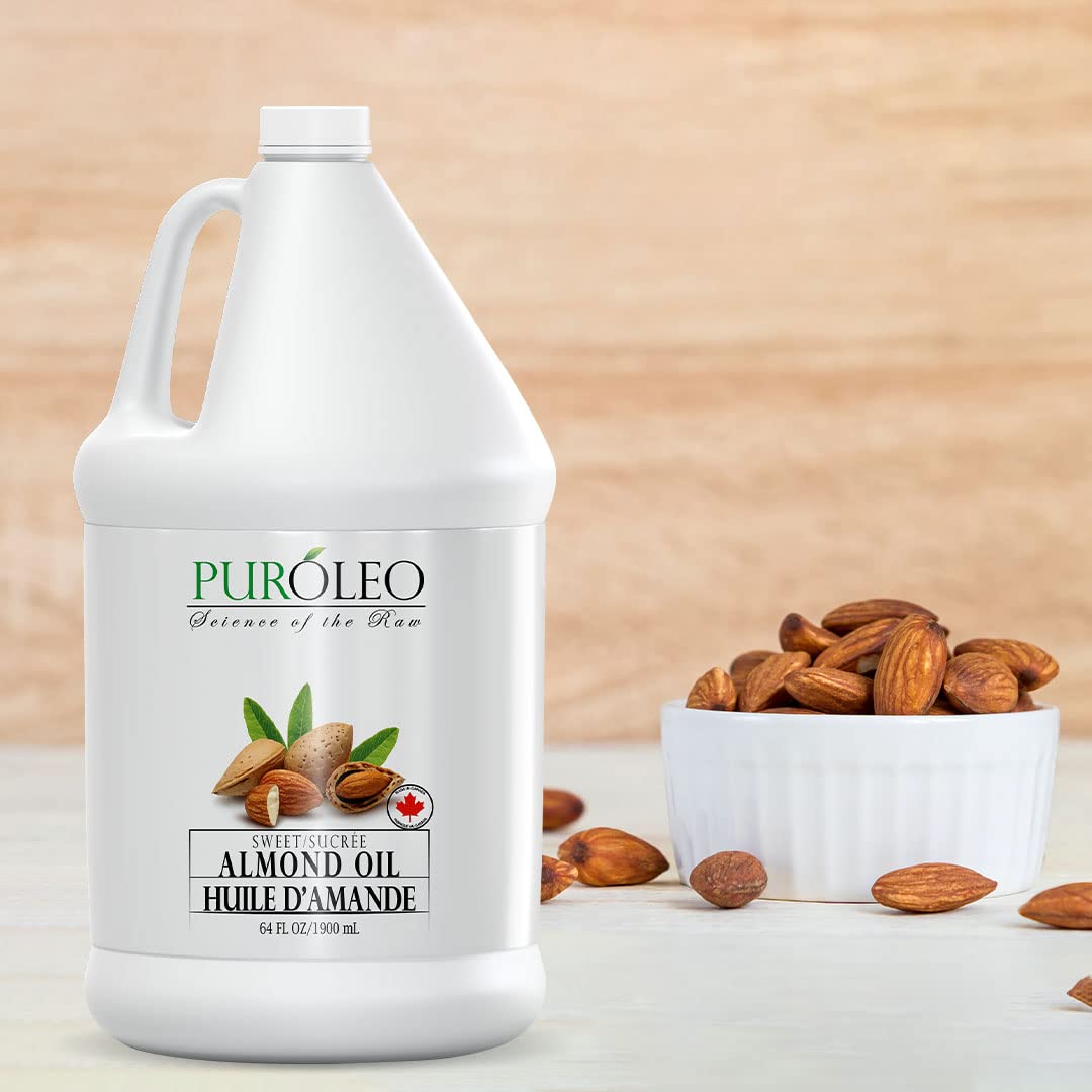 PUROLEO Sweet Almond Oil 64 Fl Oz/1900 ML (Packed In Canada) Pure Almond Oil for Skin, Hair, & Body | Organic Carrier Oil & Body Oils For Women | Almond Butter Hair Oil, Body Oil, Baby Oil, Massage Oil huiles essentielles Amande Douce Huile Massage