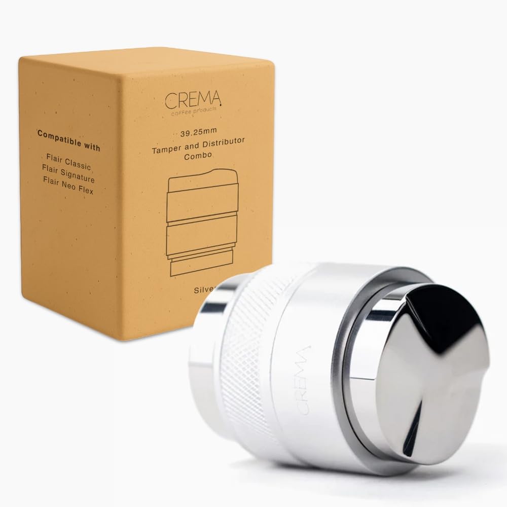 Crema Coffee Products - 39.25mm Coffee Distributor/Leveler & Hand Tamper - Compatible with Flair Classic, Signature, and Neo - Double Sided, Adjustable Depth - (Silver, 39.25)