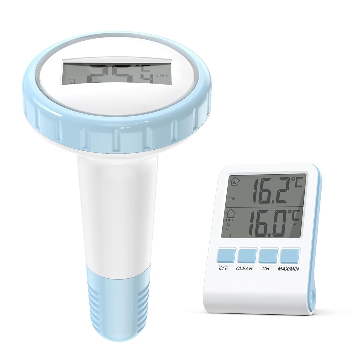 Pool Thermometer,Wireless Floating Pool Thermometer Easy Read,Outdoor Digital Thermometers with Indoor Temperature Monitor,IPX7 Waterproof and High Accuracy for Swimming Pool,Bath Water (Blue)