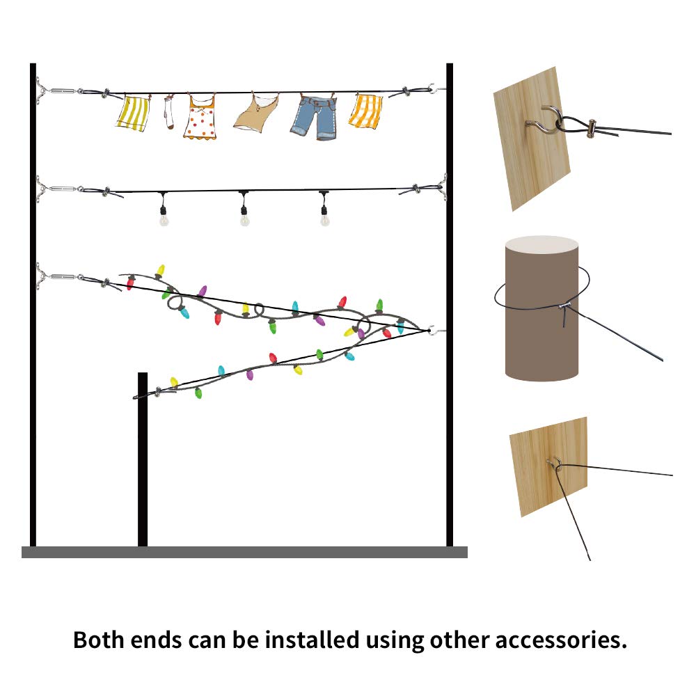 YQL Outdoor String Lights Hanging Kit,Globe String Lights Suspension Kit,164ft Black Vinyl-Coated 304 Stainless Steel Cable,String Light Guide Wire,Hook & Eye Turnbuckle Wire Rope Tension