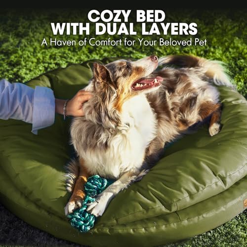 ClevaHome Orthopedic Dog Bed for Large Dogs, Dual Layer Water Repellent Round Pet Bed with Washable Cover Nonslip Bottom (Olive Branch)