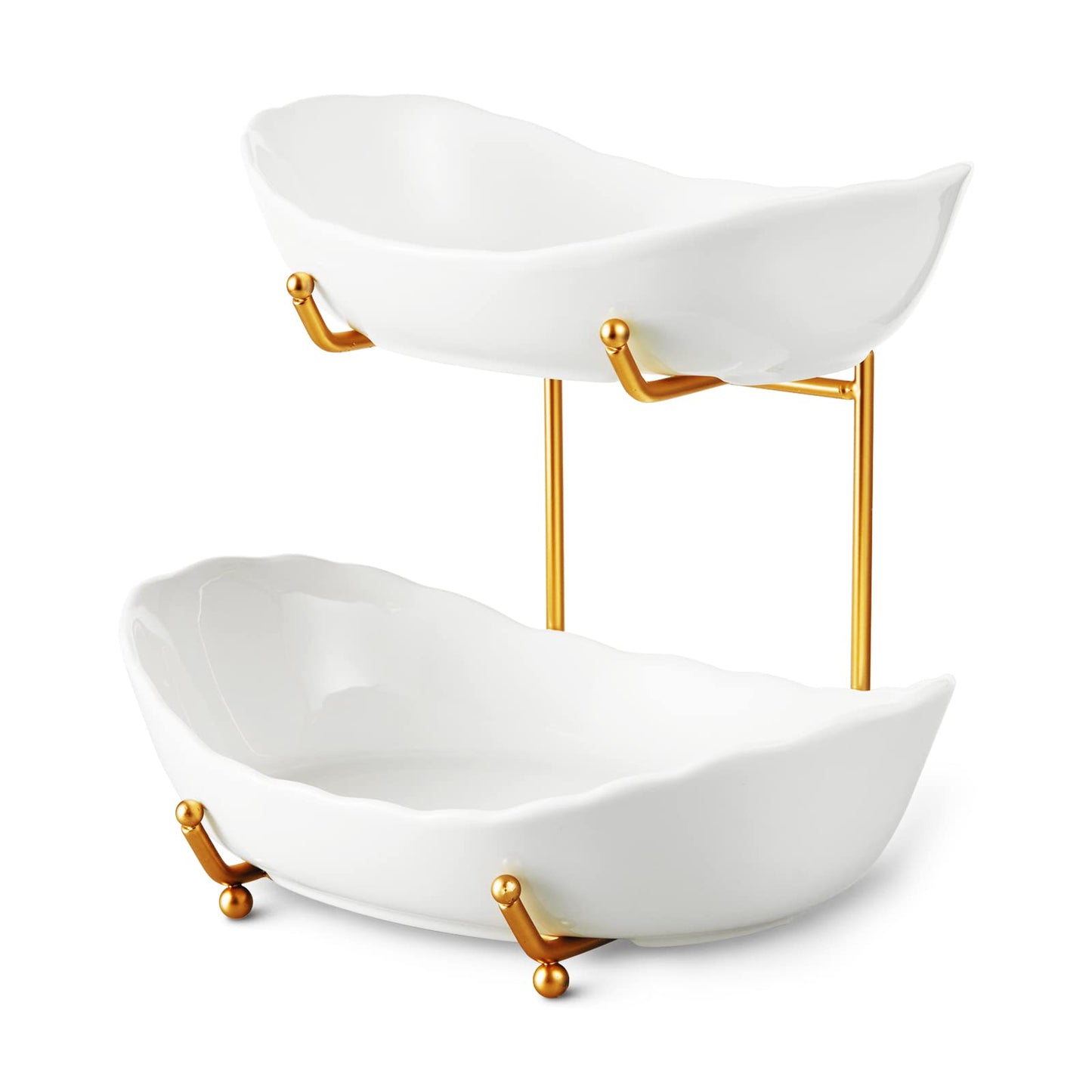 HOMKULA Fruit Bowl for Kitchen Counter - 2 Tier Ceramic Serving Bowls with Metal Stand, Tiered Fruit Basket for Fruit Vegetable Storage, Snack, Nuts, Cake, Dessert, Small & Cute (Gold&White)