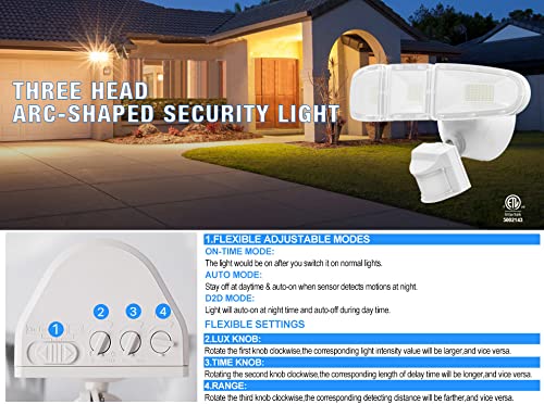 MW LED Motion Sensor Outdoor Flood Light, 40W Ultra Bright 4500LM, 5000K Waterproof LED 3-Head Security Light, Dusk to Dawn Mode, cETL Certified