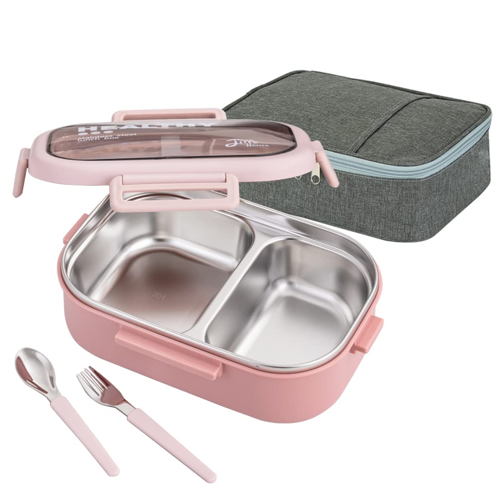 Lille Home 28oz Stainless Steel Leakproof 2-Compartment Bento Lunch Box/Portion Control Food Container with Lunch Bag and Cutlery Set, BPA Free (Pink)