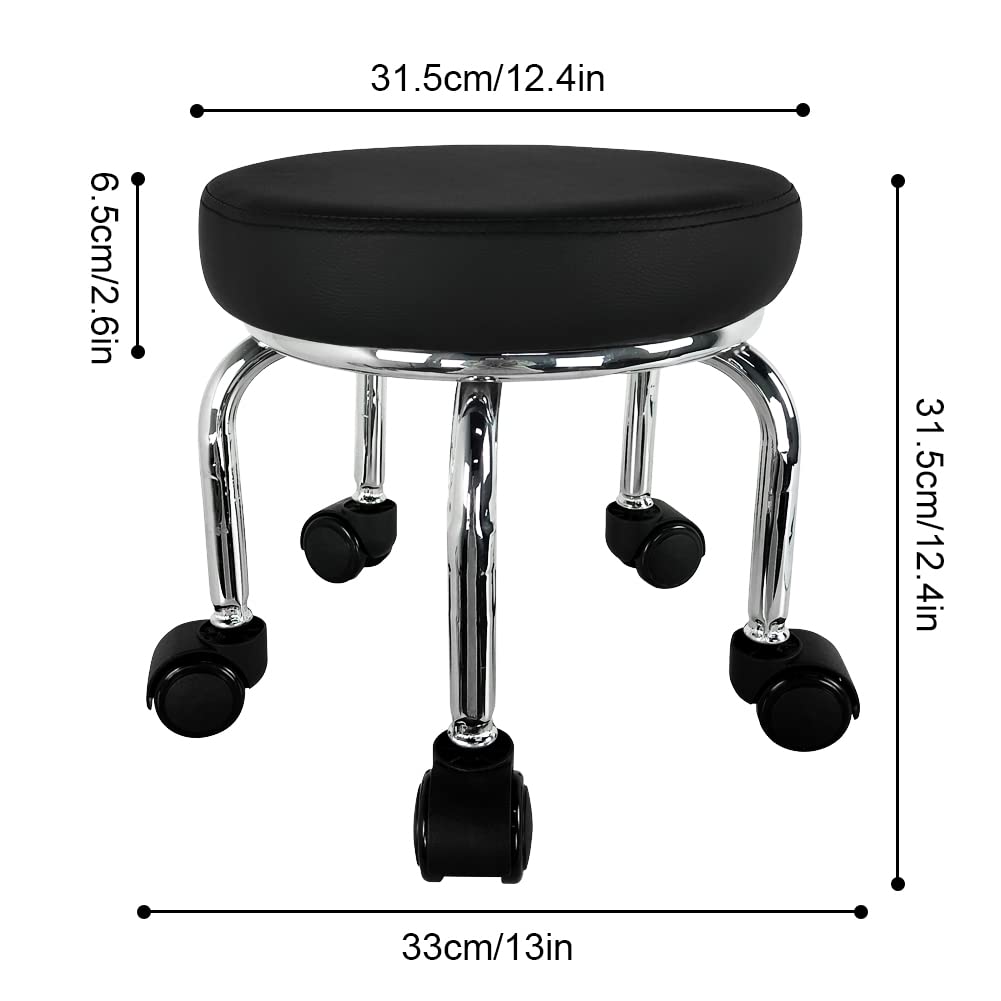WKWKER Small Roller Stool PU Leather Wheeled Seat 360° Rotating Low Round Stool with Universal Wheels for Home Massage Garden Office Garage Shop Fitness Sports, H:31.5cm (Black)