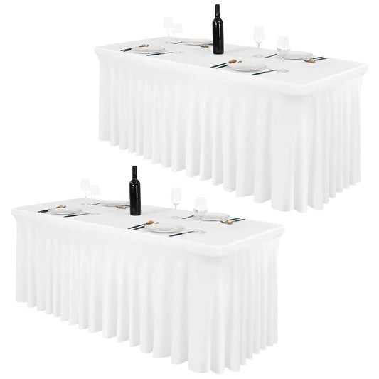 2 Pack White Rectangle Table Skirt, 6Ft Spandex Table Skirt Fitted Stretch Tablecloth,Wrinkle Resistant Ruffles Elastic Cover,Perfect for Rectangle Tables Banquets Parties Wedding Thanksgiving