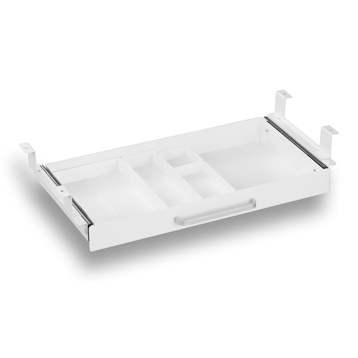 OSteed Under Desk Drawer White 54cm with 4 Divider Trays, Metal Pull Out Storage Drawer for Workbench, Standing Desk Drawer Attachment, Attachable Desk Organizer, Under Shelf Pencil Drawer Slide-out