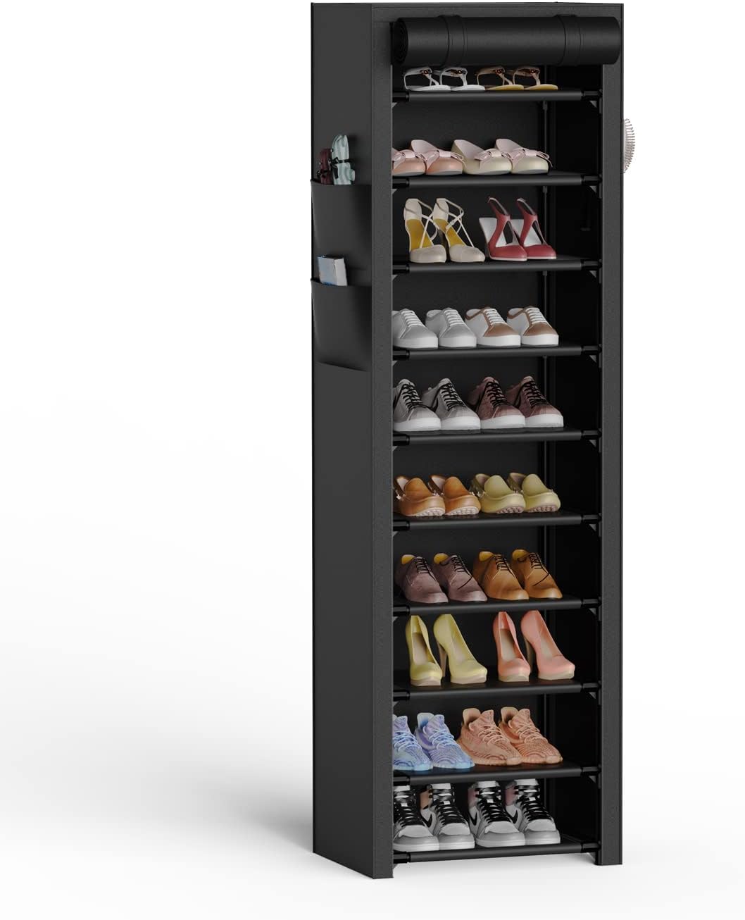 Oillase Vertical Narrow Shoe Rack Organizer Tall Shoe Rack for Closet Entryway 10 Tier Non-Woven Cover Shoe Shelf Holds 20-22 Pairs Free Standing Shoe Storage Cabinet with Dustproof Cover, Black