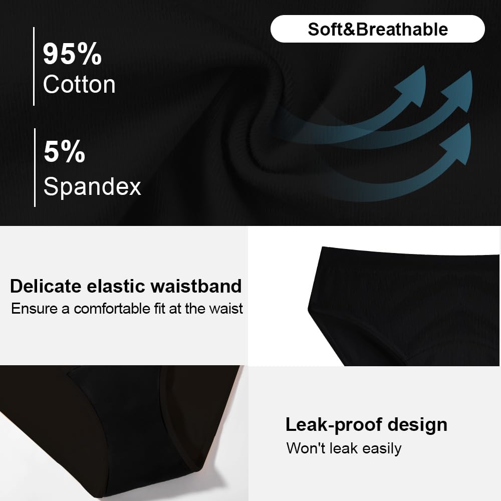 BATTEWA OEKO-TEX Certified Leak Proof Underwear for Women Bikini Breathable Incontinence Underwear Odor Control Protective Briefs (Black, S, 5 Pack)