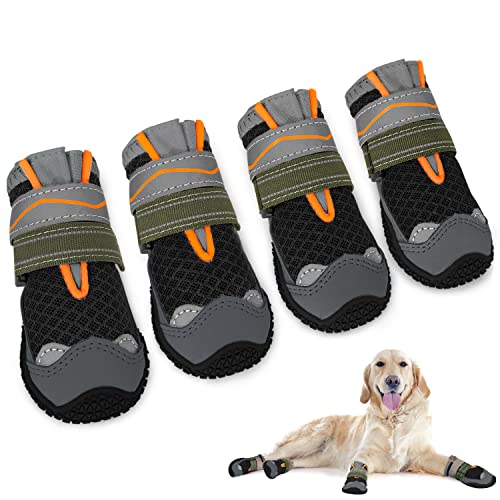 AUTOWT Dog Boots, Breathable Paw Protector Dogs Shoes, Dual Adjustable & Washable Non-Slip Dog Booties with Reflective Strip for Large Medium Small Dogs Injured Paws Walking Running Outdoor(#5,Black)