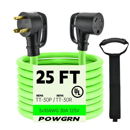 25FT 30 Amp RV Extension Cord Outdoor with Grip Handle, Flexible Heavy Duty 10/3 Gauge STW 3 Prong RV Power Cord with Cable Organizer, NEMA TT-30P to TT-30R, ETL Listed