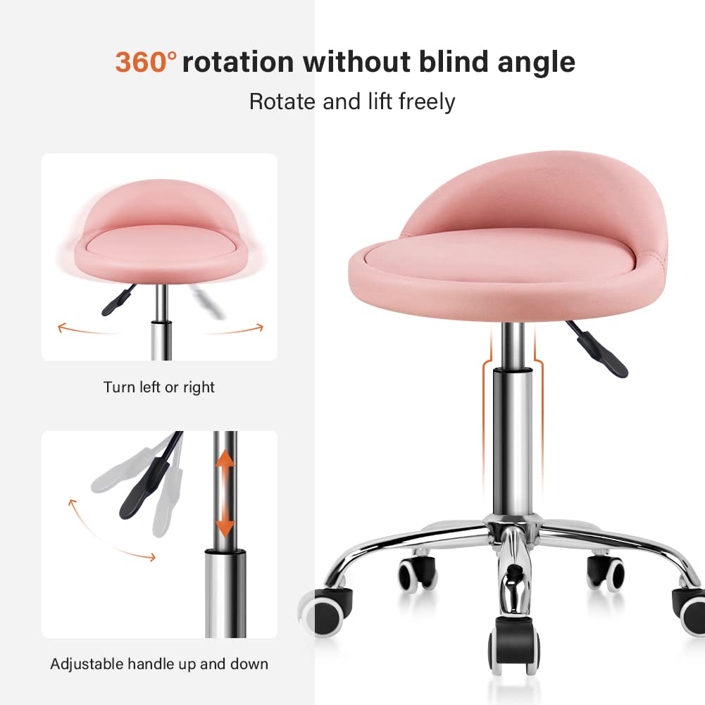 KKTONER PU Leather Round Rolling Stool with Back Rest Height Adjustable Swivel Drafting Work SPA Task Chair with Wheels (Pink)