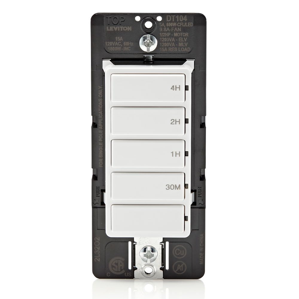 Leviton Countdown Timer Switch for Household Lights, heaters and Exhaust Fans, 30 min, 1-2-4 Hour, No Neutral Wire Required, Single Pole, 15A, 1/2 HP/9.8A Fan/Motor, DT104-1LW, White
