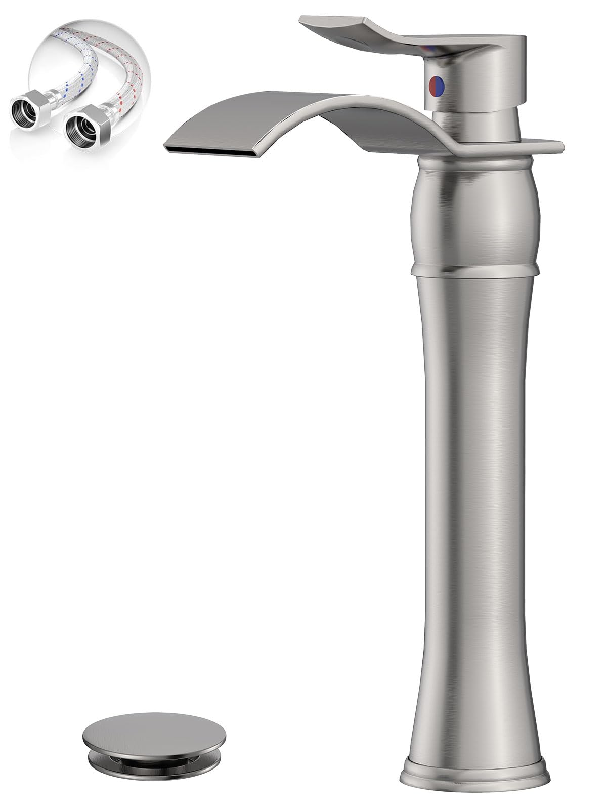 Bathlavish Bathroom Vessel Sink Faucet Waterfall Single Handle One Hole Tall Bathroom Faucets Deck Mount Lavatory Matching Pop Up Drain Without Overflow, Brushed Nickel