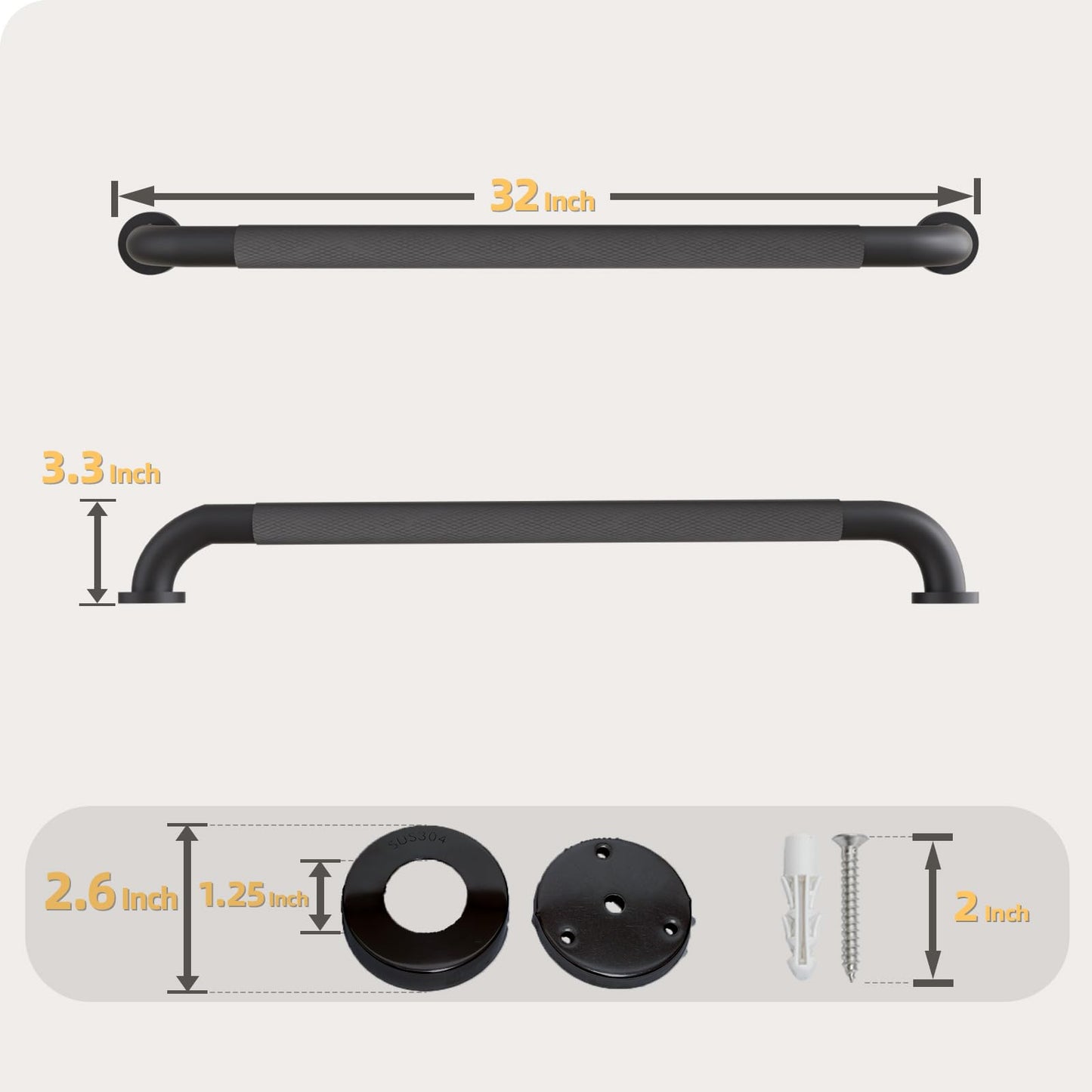 2 Pack Shower Grab Bar, 32 Inch Bathroom Grab Bar Handle with Anti-Slip Knurled Grip, Stainless Steel Bath Balance Bar, 1.25" Diameter Bath Safety Bar Support for Seniors Elderly Pregnant, Matte Black