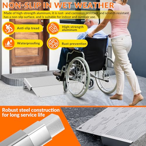 Aluminum Threshold Ramp,12 Inch Portable Self Supporting Entry Handicap Ramp, Doorways Rated 800 lbs,forWheelchair Scooters Power Chairs Walkers Metallic
