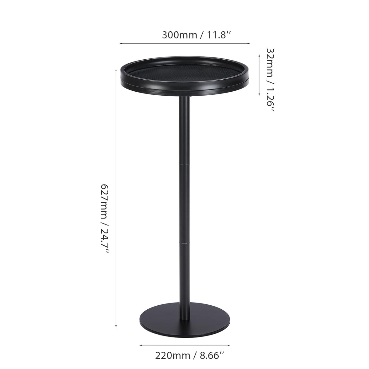 ZEXVIDA Black Industrial Martini Table,Round Drink Table,Modern Pedestal Side Table with Black Wood Grain Tray Top, Weighted Metal Base End Table for Living Room,Small Spaces,Next to Sofa, 24.7" Tall